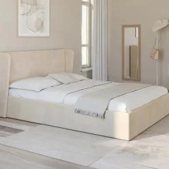 Lit coffre double OREA avec tête de lit enveloppante à oreilles et sommier 140 x 190 cm velours beige