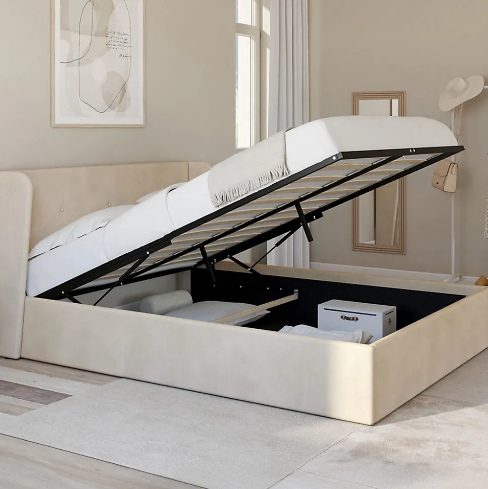 Lit coffre double OREA avec tête de lit enveloppante à oreilles et sommier 140 x 190 cm velours beige