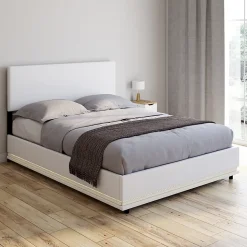 Lit coffre double OWEN avec LED intégrées + tête de lit et sommier 140 x 190 cm PVC blanc