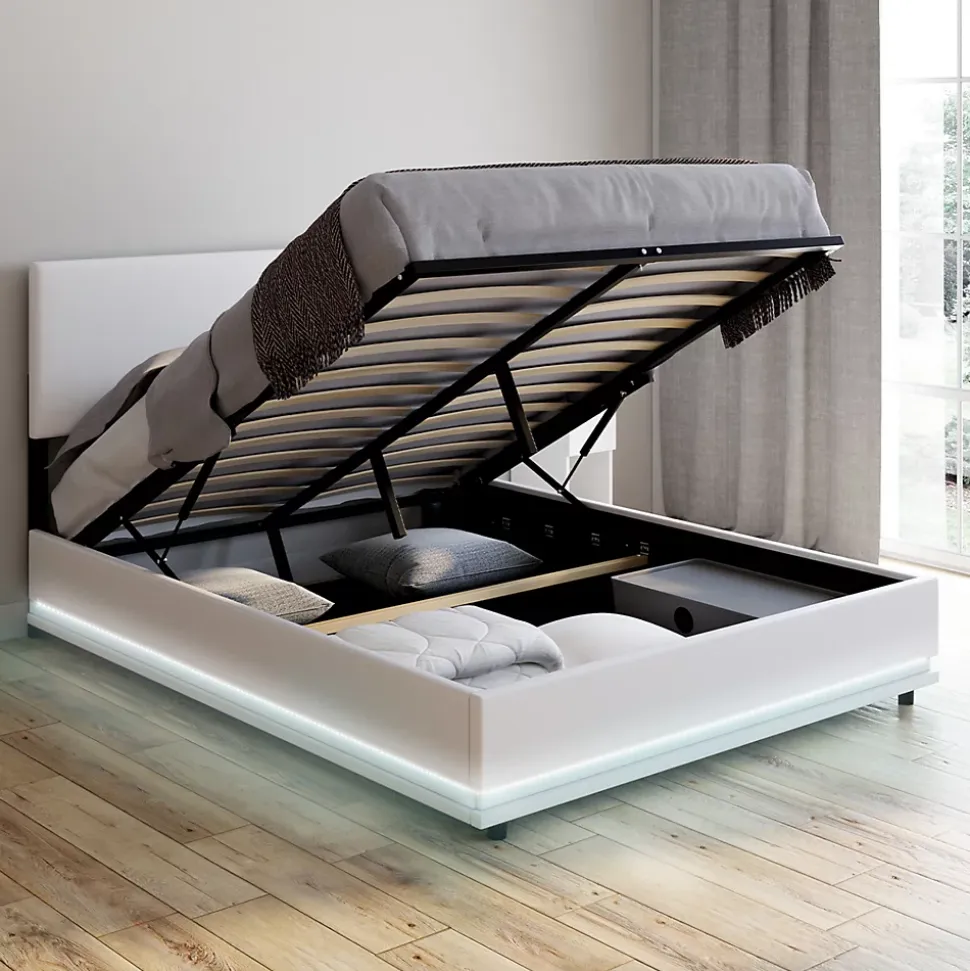 Lit coffre double OWEN avec LED intégrées + tête de lit et sommier 140 x 190 cm PVC blanc