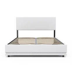 Lit coffre double OWEN avec LED intégrées + tête de lit et sommier 140 x 190 cm PVC blanc