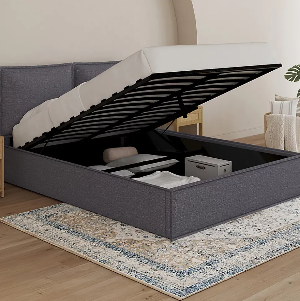 Lit coffre double PILOU avec tête de lit oreiller et sommier 140 x 190 cm tissu gris anthracite