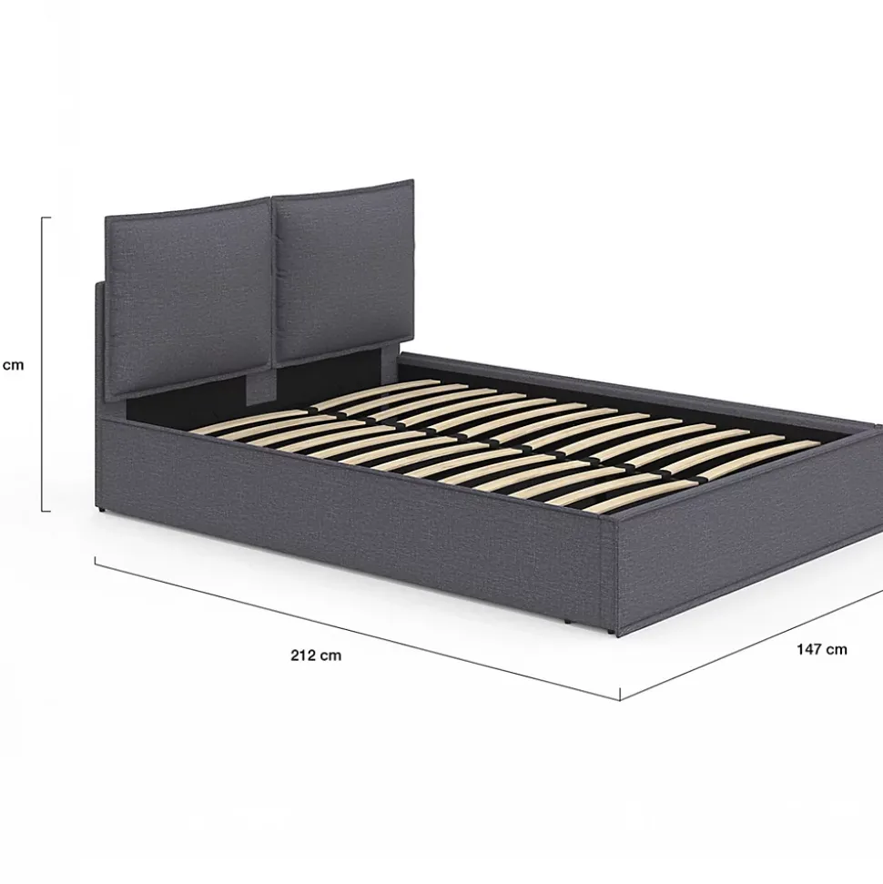 Lit coffre double PILOU avec tête de lit oreiller et sommier 140 x 190 cm tissu gris anthracite