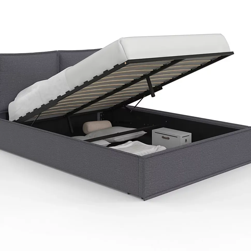 Lit coffre double PILOU avec tête de lit oreiller et sommier 140 x 190 cm tissu gris anthracite