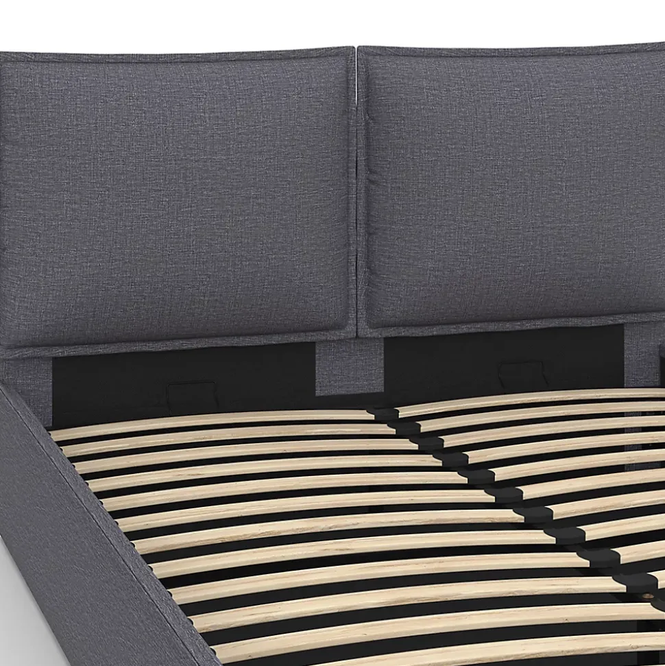 Lit coffre double PILOU avec tête de lit oreiller et sommier 140 x 190 cm tissu gris anthracite