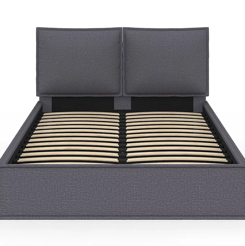 Lit coffre double PILOU avec tête de lit oreiller et sommier 140 x 190 cm tissu gris anthracite