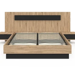 Lit coffre double SANTA avec tête de lit + tables de chevets intégrées et sommier 140 x 190 cm bois et noir