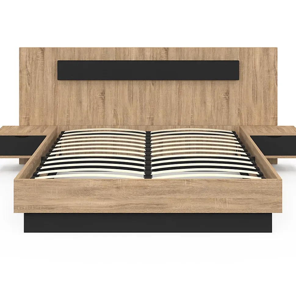 Lit coffre double SANTA avec tête de lit + tables de chevets intégrées et sommier 140 x 190 cm bois et noir