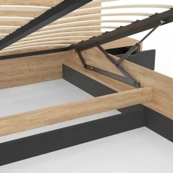 Lit coffre double SANTA avec tête de lit + tables de chevets intégrées et sommier 140 x 190 cm bois et noir