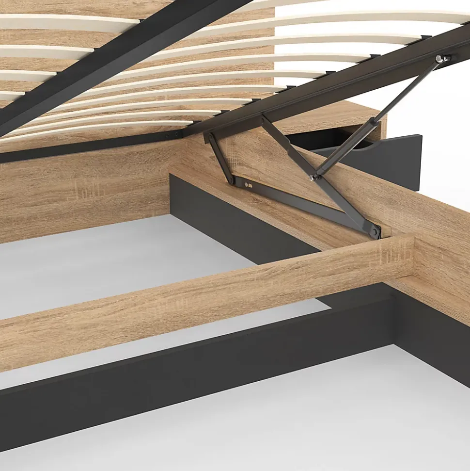 Lit coffre double SANTA avec tête de lit + tables de chevets intégrées et sommier 140 x 190 cm bois et noir