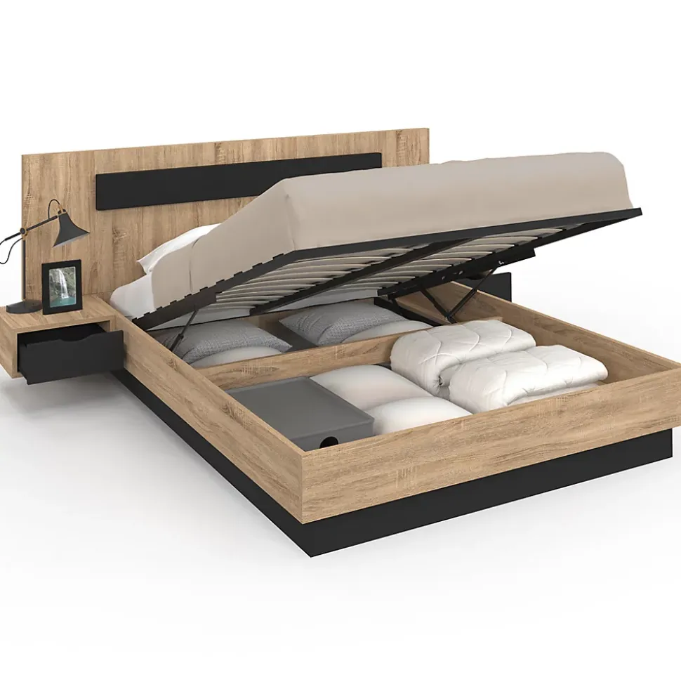 Lit coffre double SANTA avec tête de lit + tables de chevets intégrées et sommier 140 x 190 cm bois et noir