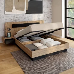 Lit coffre double SANTA avec tête de lit + tables de chevets intégrées et sommier 140 x 190 cm bois et noir