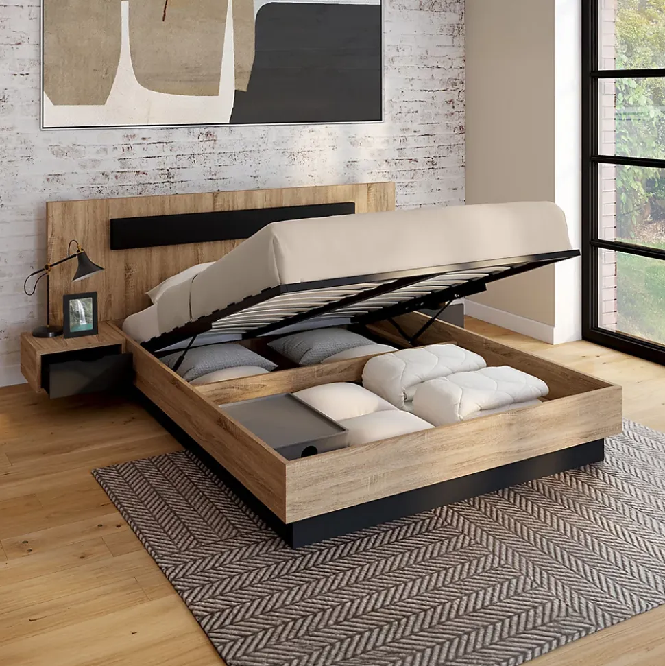 Lit coffre double SANTA avec tête de lit + tables de chevets intégrées et sommier 140 x 190 cm bois et noir