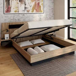 Lit coffre double SANTA avec tête de lit + tables de chevet intégrées et sommier 160 x 200 cm bois et noir