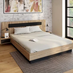 Lit coffre double SANTA avec tête de lit + tables de chevet intégrées et sommier 160 x 200 cm bois et noir