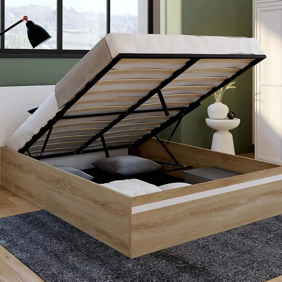 Lit coffre double SEASIDE avec tête de lit et sommier 140 x 190 cm façon hêtre et blanc