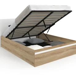 Lit coffre double SEASIDE avec tête de lit et sommier 140 x 190 cm façon hêtre et blanc