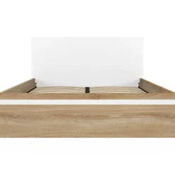 Lit coffre double SEASIDE avec tête de lit et sommier 140 x 190 cm façon hêtre et blanc