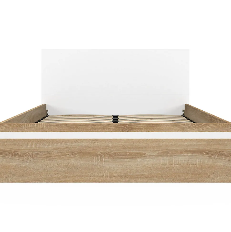 Lit coffre double SEASIDE avec tête de lit et sommier 140 x 190 cm façon hêtre et blanc