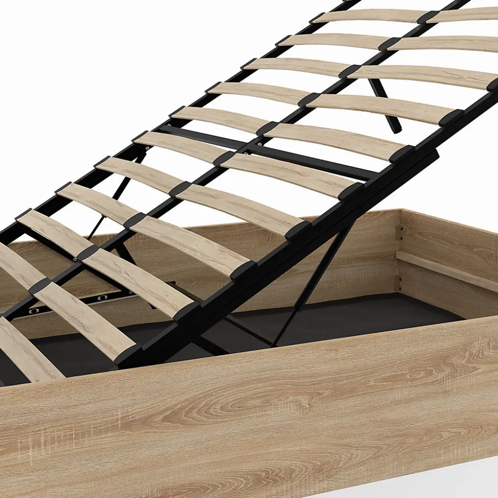 Lit coffre double SEASIDE avec tête de lit et sommier 140 x 190 cm façon hêtre et blanc