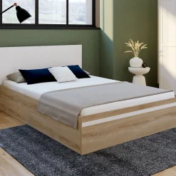 Lit coffre double SEASIDE avec tête de lit et sommier 140 x 190 cm façon hêtre et blanc