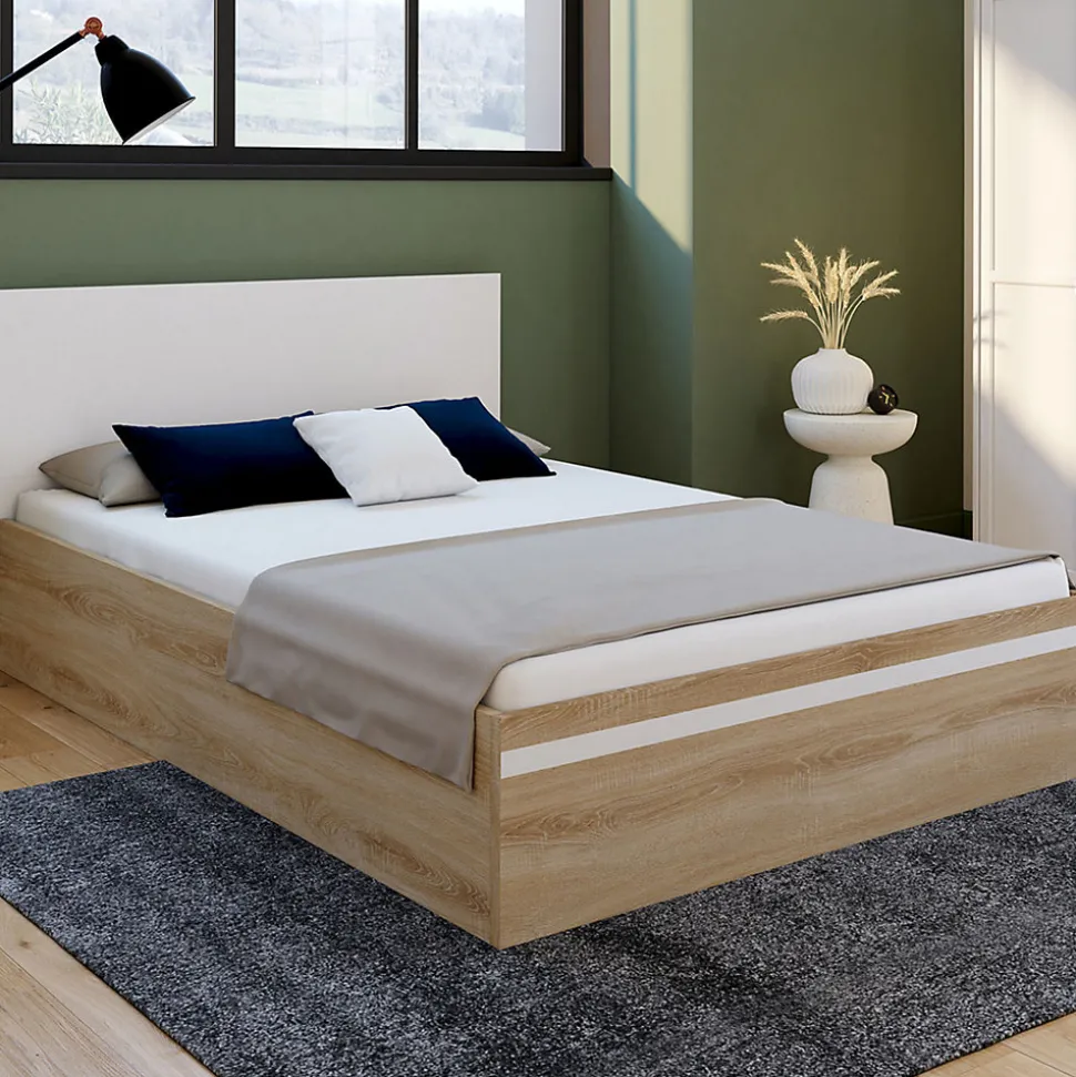 Lit coffre double SEASIDE avec tête de lit et sommier 140 x 190 cm façon hêtre et blanc