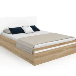 Lit coffre double SEASIDE avec tête de lit et sommier 140 x 190 cm façon hêtre et blanc