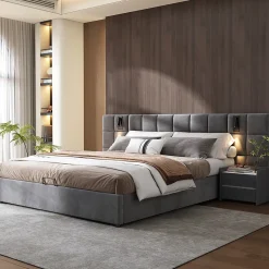 Lit coffre double velours gris, tête de lit damier avec prise USB