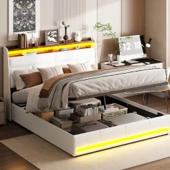 Lit coffre double 160x200 avec sommier et USB, LED, Cadre de lit avec Rangement et Tete de Lit, Blanc