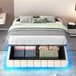 Lit Coffre Double 160x200 cm - avec Sommier à Ressorts et Rangement Intégré, LED Incluse, Sans Matelas, Tissu Lin Beige
