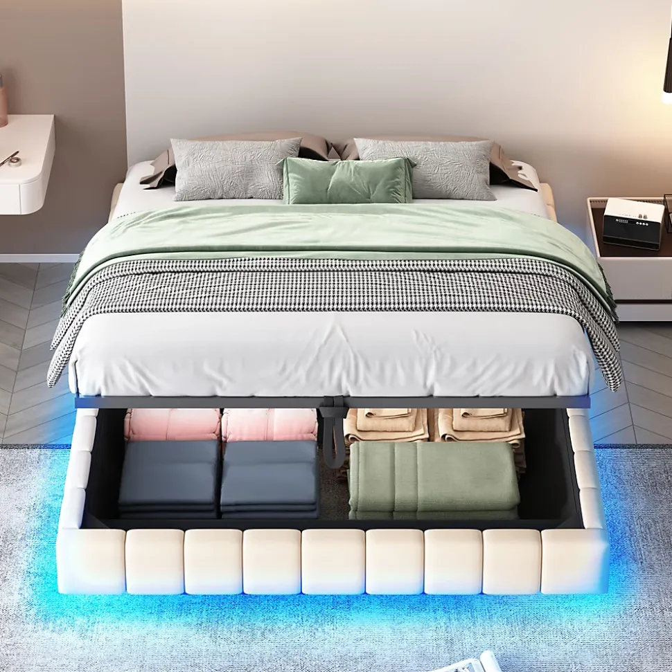Lit Coffre Double 160x200 cm - avec Sommier à Ressorts et Rangement Intégré, LED Incluse, Sans Matelas, Tissu Lin Beige