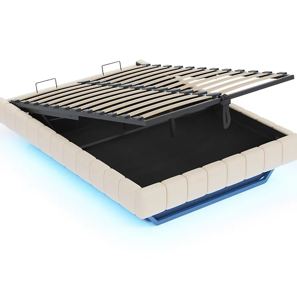 Lit Coffre Double 160x200 cm - avec Sommier à Ressorts et Rangement Intégré, LED Incluse, Sans Matelas, Tissu Lin Beige
