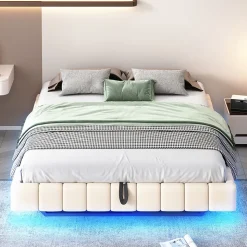 Lit Coffre Double 160x200 cm - avec Sommier à Ressorts et Rangement Intégré, LED Incluse, Sans Matelas, Tissu Lin Beige