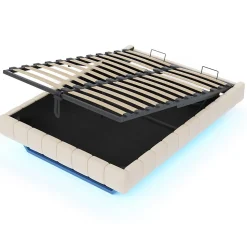 Lit Coffre Double 160x200 cm - avec Sommier à Ressorts et Rangement Intégré, LED Incluse, Sans Matelas, Tissu Lin Beige