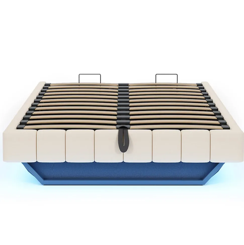Lit Coffre Double 160x200 cm - avec Sommier à Ressorts et Rangement Intégré, LED Incluse, Sans Matelas, Tissu Lin Beige
