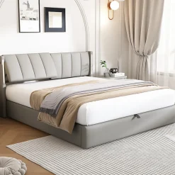 Lit Coffre Double 140x190 cm - Lit Capitonné avec LED et Rangement Hydraulique - Sans Matelas - Gris