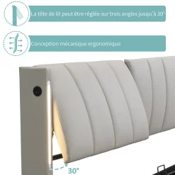 Lit Coffre Double 140x190 cm - Lit Capitonné avec LED et Rangement Hydraulique - Sans Matelas - Gris