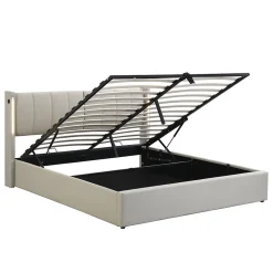 Lit Coffre Double 140x190 cm - Lit Capitonné avec LED et Rangement Hydraulique - Sans Matelas - Gris
