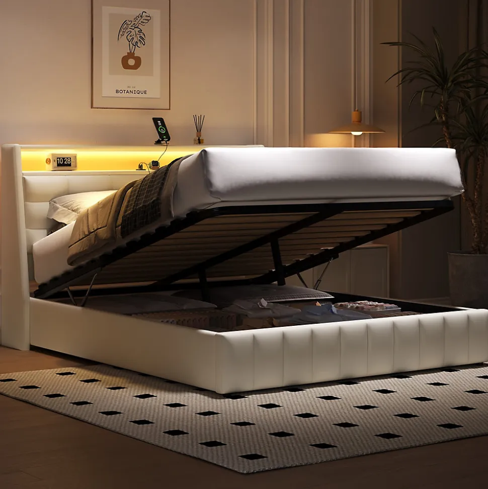 Lit Coffre Double 160x200 cm - Lit Adulte PU avec Éclairage LED et Port USB, Idéal pour la chambre - Blanc