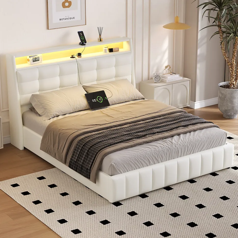 Lit Coffre Double 160x200 cm - Lit Adulte PU avec Éclairage LED et Port USB, Idéal pour la chambre - Blanc
