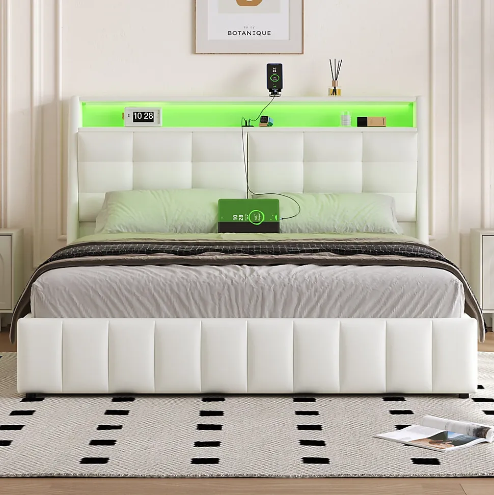 Lit Coffre Double 160x200 cm - Lit Adulte PU avec Éclairage LED et Port USB, Idéal pour la chambre - Blanc