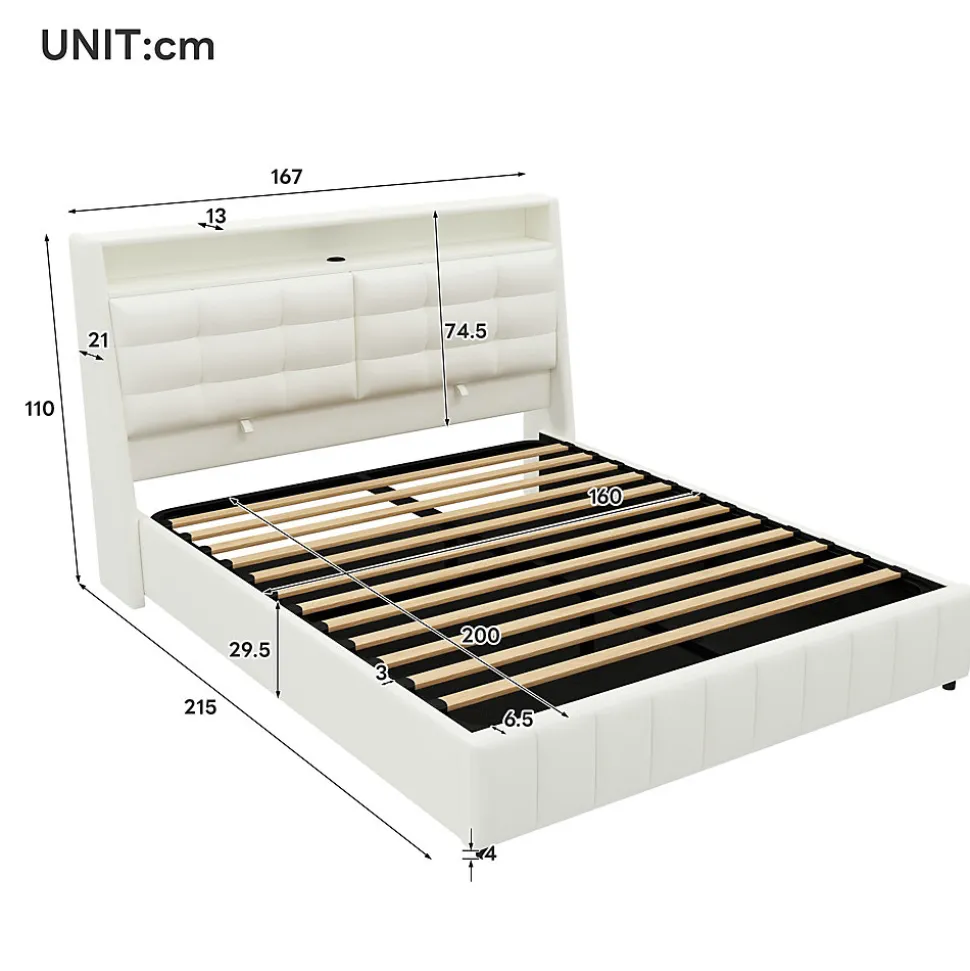 Lit Coffre Double 160x200 cm - Lit Adulte PU avec Éclairage LED et Port USB, Idéal pour la chambre - Blanc