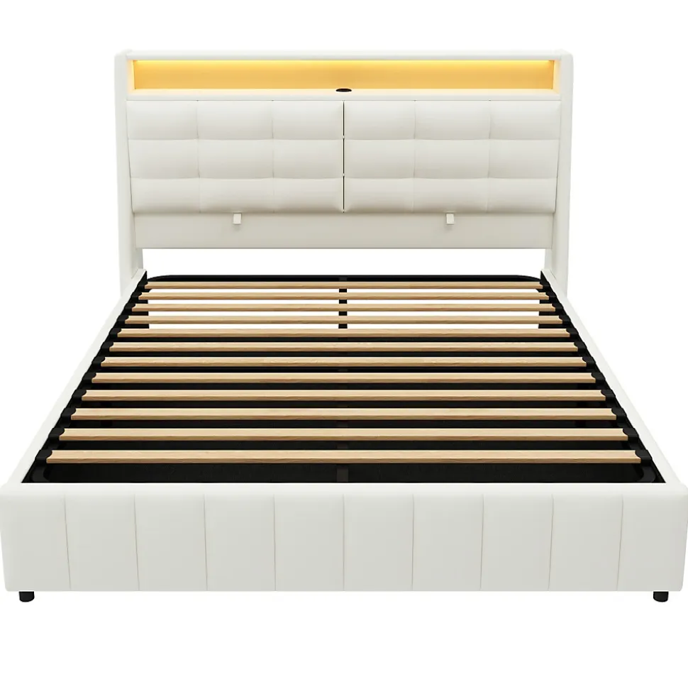 Lit Coffre Double 160x200 cm - Lit Adulte PU avec Éclairage LED et Port USB, Idéal pour la chambre - Blanc