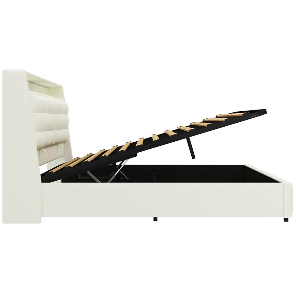 Lit Coffre Double 160x200 cm - Lit Adulte PU avec Éclairage LED et Port USB, Idéal pour la chambre - Blanc