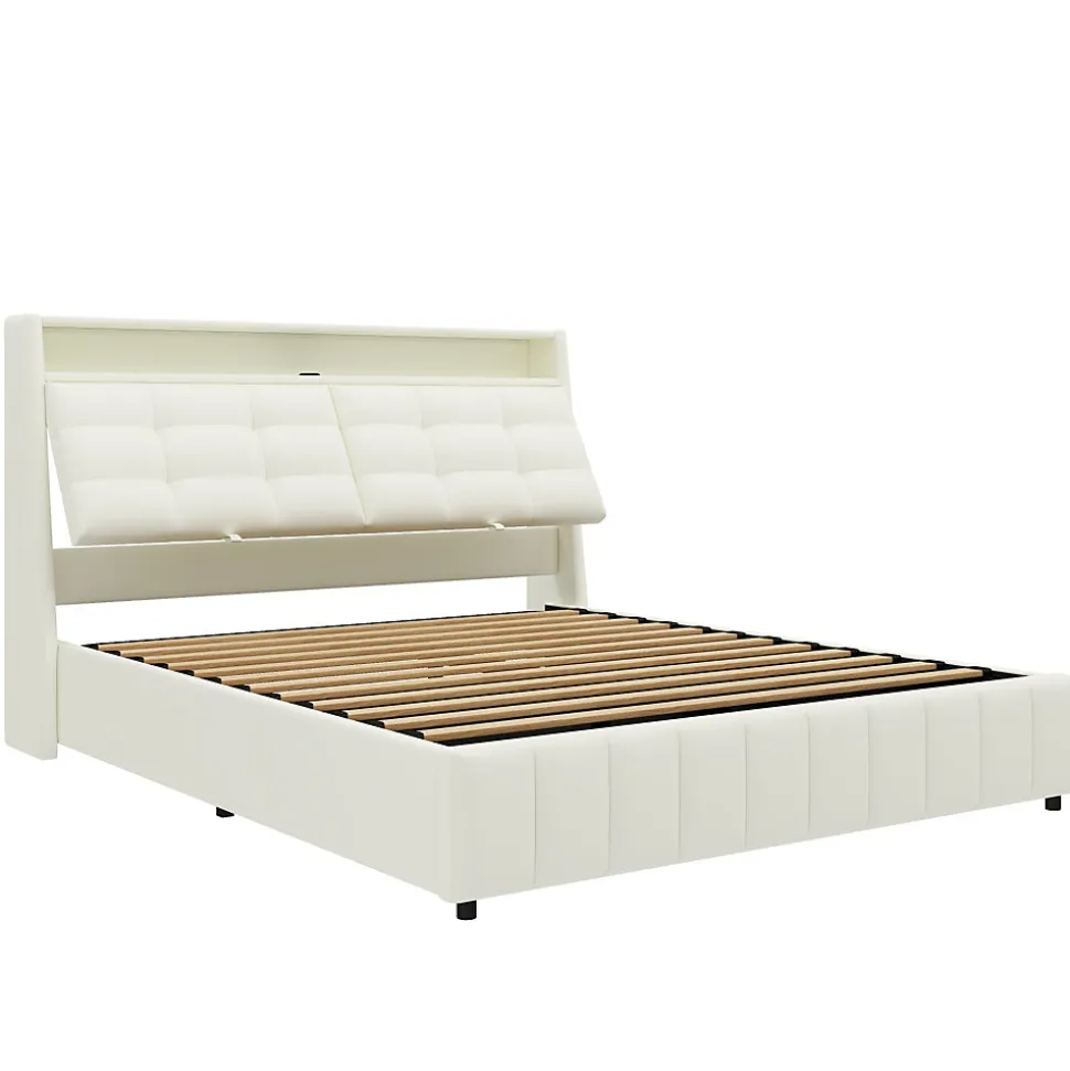 Lit Coffre Double 160x200 cm - Lit Adulte PU avec Éclairage LED et Port USB, Idéal pour la chambre - Blanc