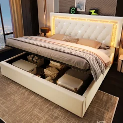 Lit Coffre Double 160x200 cm - LED Diamant et USB Type-C, Rangement Hydraulique, Sommier à Lattes, Velours Beige - Sans Matelas