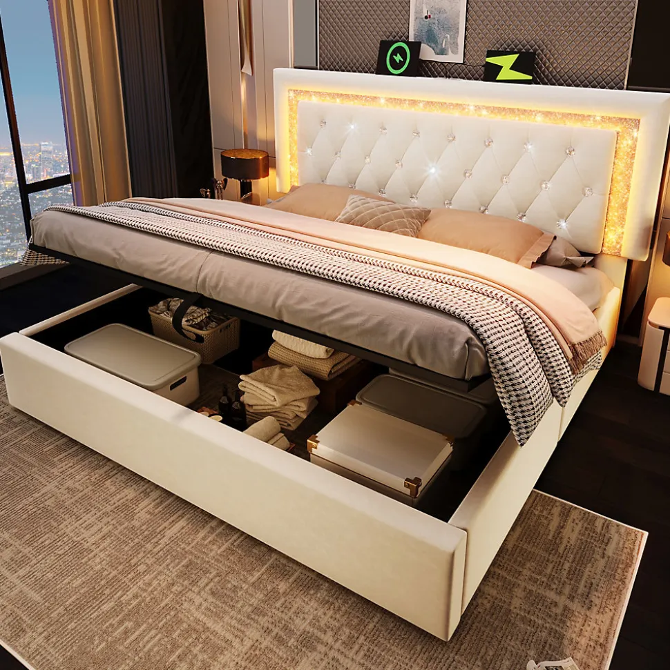 Lit Coffre Double 160x200 cm - LED Diamant et USB Type-C, Rangement Hydraulique, Sommier à Lattes, Velours Beige - Sans Matelas