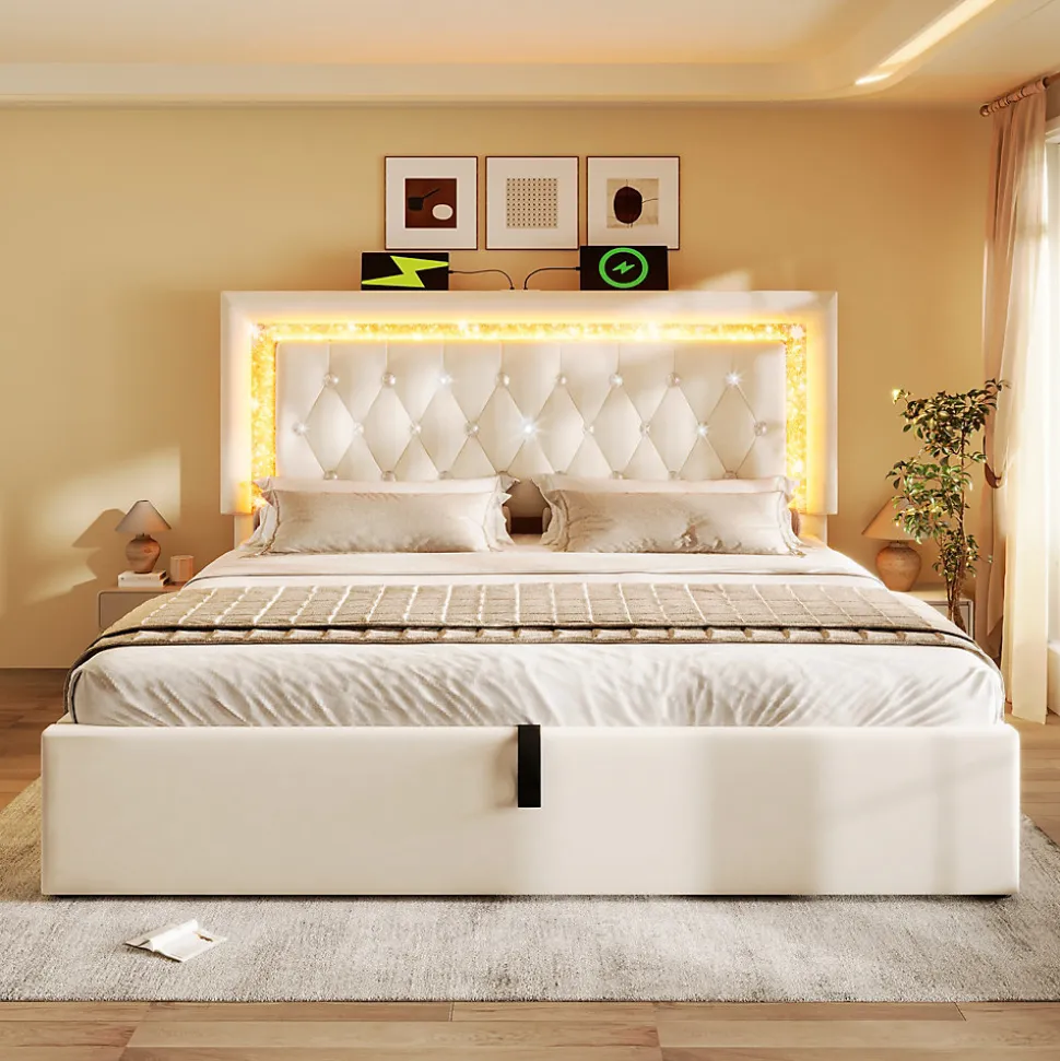 Lit Coffre Double 160x200 cm - LED Diamant et USB Type-C, Rangement Hydraulique, Sommier à Lattes, Velours Beige - Sans Matelas