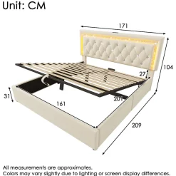 Lit Coffre Double 160x200 cm - LED Diamant et USB Type-C, Rangement Hydraulique, Sommier à Lattes, Velours Beige - Sans Matelas