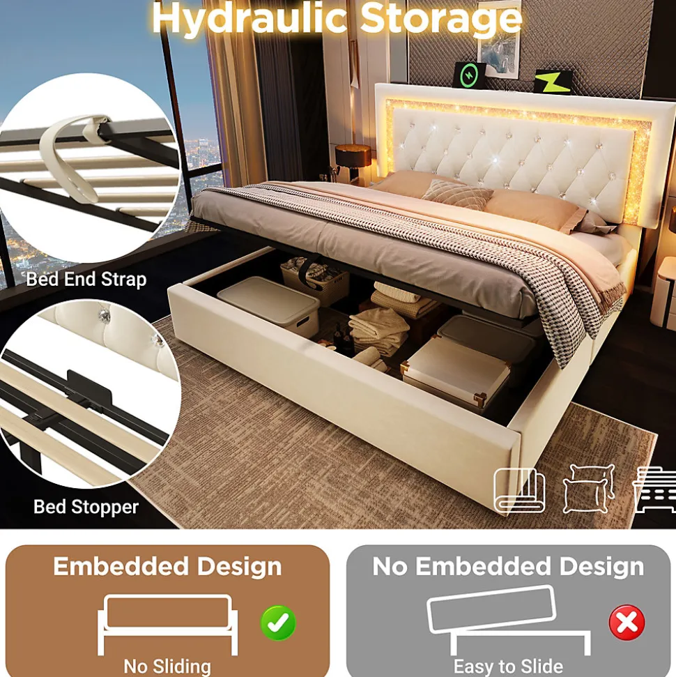 Lit Coffre Double 160x200 cm - LED Diamant et USB Type-C, Rangement Hydraulique, Sommier à Lattes, Velours Beige - Sans Matelas